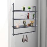 Latitude Run® 3 Tier Wall Mounted Shelf Industrial Bookshelf w/ Towel Bar & 6 Hooks For Bathroom Kitchen Bedroom Living Room Black Wood/Metal