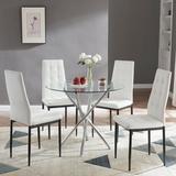 Wrought Studio™ 5 Pieces Modern Dining Table Sets, Round Tempered Glass Table & 4 Faux Leather Kitchen Chairs w/ Metal Legs | Wayfair