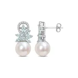 Belk & Co 9-9.5Mm Cultured Freshwater Pearl And Aquamarine And 1/8 Ct Tw Diamond Flower Drop Earrings In 14K White Gold