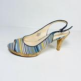 Nine West Shoes | Nine West Karoo Slingback Pumps Womens Size 8m Peep Toe Cork Heel Stripped | Color: Blue/Yellow | Size: 8