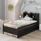 Winston Porter Deenah Solid Wood Storage Platform Bed w/ Bookcase,Twin Trundle,3 Drawers Wood in Gray, Size 41.34 H x 40.95 W x 40.95 D in | Wayfair