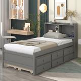 Winston Porter Deenah Solid Wood Storage Platform Bed w/ Bookcase,Twin Trundle,3 Drawers Wood in Gray, Size 41.34 H x 40.95 W x 40.95 D in | Wayfair