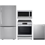 LG 4 Piece Kitchen Appliances Package with Bottom Freezer Refrigerator, Electric Range, Dishwasher and Over the Range Microwave in Stainless Steel LGR
