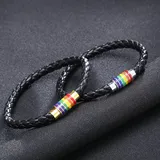 Amazon Hot Sale 4 Colors Lgbt Couple Rainbow Leather Rope Braided Bracelets Stainless Steel Magnetic Buckle Bangle Cuff Unisex