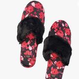 Victoria's Secret Shoes | Victorias Secrets Signature Satin Slippers Black Rose With Faux Fur | Color: Black/Red | Size: M