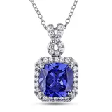 Belk & Co Lab Created 6.42 Ct. T.g.w. Cushion Cut Created Tanzanite And Created White Sapphire Halo Pendant With Chain In Sterling Silver