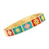 Multicolored Enamel Floral Patchwork Bangle Bracelet In 18kt Gold Over Sterling