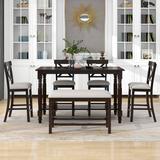 Charlton Home® 6-Piece Counter Height Dining Table Set Table w/ Shelf 4 Chairs & Bench For Dining Room,Espresso Wood/Upholstered Chairs | Wayfair