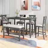Gracie Oaks 6-Piece Counter Height Dining Table Set Table w/ Shelf 4 Chairs & Bench For Dining Room,Gray Wood/Upholstered Chairs in Brown/Gray/White