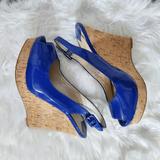 Nine West Shoes | Nine West Faux Patent Leather Blue Peep Toe Wedge, Size 7.5 | Color: Blue | Size: 7.5