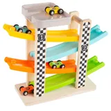 Hey! Play! Wooden Toy Race Track and Racecar Set with 4 Colorful Cars, Multicolor