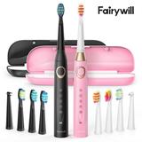 Fairywill Ultrasonic Electric Toothbrush with 5 Modes Dual Pack Sonic Rechargeable Toothbrush for Adults with 8 Heads & 2 Travel Cases Smart Timer Fast Charger for 30 Days Black & Pink