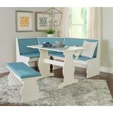 Linon Weston Corner Dining Breakfast Nook with Table and Bench Seats 5-6 White Finish with Capri Blue Fabric