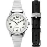 Timex Women s Easy Reader 25mm Watch Box Set – Silver-Tone Case White Dial with Tapered Expansion Band + Black Leather Strap