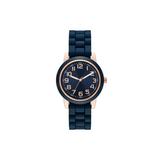 Time and Tru Ladies Watch with Rose Gold Tone Case Navy Blue Top Ring Navy Blue Dial and Navy Blue Soft Silicone Band