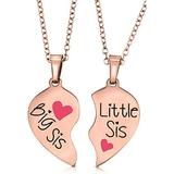 Big Sis & Lil Sis Valentines Heart Necklace Gift for Girls Teens Women Kids Big & Little Sisters Granddaughter Daughter Jewelry Presents (Rose Gold Tone/Pink Hearts)