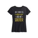 Instant Message Women's Need Is Caffeine And My Soldier Graphic Tshirt, Black, Xlarge
