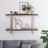 Mercer41 Floating Shelves Wood, 32" Industrial Wall Shelves w/ Metal Frame For Bedroom, Living Room, Bathroom, Kitchen, Bar, Gold Wood | Wayfair