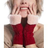 Style Slice Women's Casual Gloves red - Red Cable-Knit Plush-Cuff Wool Fingerless Gloves