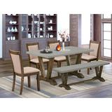 Rosalind Wheeler 6 Piece Dining Set- A Dining Table In Trestle Base w/ Dining Bench & 4 Kitchen Chairs Wood/Upholstered in Gray/Brown | Wayfair