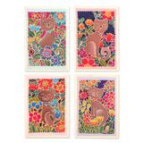 Blooming Felines,'Batik Cotton and Paper Cat Greeting Cards (Set of 4)'