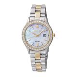 Seiko Ladies Solar Two Tone Stainless Steel Mother-of-Pearl Dial Watch and Crystal Elements., pearl