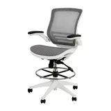 Emma and Oliver Mid-Back Transparent Black Mesh Drafting Chair with Black Frame and Flip-Up Arms, Grey