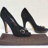 Gucci Shoes | Gucci Horsebit Peep-Toe Suade Heels | Color: Black | Size: 7.5