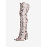 Over The Knee Boots Leather Pink Pointed Toe Snake Print Chunky Heel Thigh High Boots