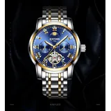 Blue Gold Dial Mens Automatic Mechanical Wrist Watches Stainless Steel Skeleton Tourbillon Moon Phase Watch