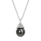 Belk & Co 8-9Mm Black Tahitian Cultured Pearl And Diamond Accent Swirl Pendant With Chain In Sterling Silver, White