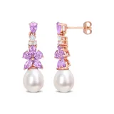 Belk & Co Amethyst, White Topaz And Rose De France And 8.5 - 9 Mm White Cultured Freshwater Pearl Drop Earrings In 18K Rose Gold Plated Sterling, Pink