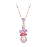 Belk & Co 9.5-10Mm Pink Freshwater Cultured Pearl 2 3/8 Ct Tgw Rose De France And White And Pink Topaz Floral Drop Pendant In 18K Rose Gold Plated