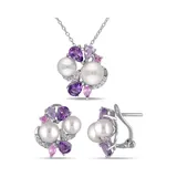 Belk & Co 2 -Pc Set Of 4 Ct Tgw Created White And Pink Sapphire, Amethyst, Rose De France And Cultured Freshwater Pearl Cluster Earrings And Pendant