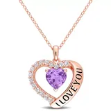 Belk & Co 1.65 Ct. T.g.w. Amethyst And White Topaz Heart 'i Love You' Pendant With Chain In Rose Plated Sterling Silver, Pink