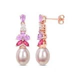 Belk & Co 8.5-9Mm Pink Freshwater Cultured Pearl 2 3/8 Ct Tgw Rose De France And White And Pink Topaz Floral Drop Earrings In 18K Rose Gold Plated