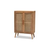 Bay Isle Home™ Alina Mid-Century Modern Medium Oak Finished Wood & Rattan 2-Door Accent Storage Cabinet, Size 16.93 H x 33.46 W x 39.76 D in Wayfair
