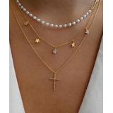 Don't AsK Women's Necklaces Gold - Imitation Pearl & Goldtone Cross & Stars Layered Necklace