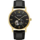 Bulova Mens Skeleton Dial Automatic Exhibition Gold Tone 42mm Watch