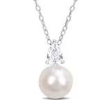 Belk & Co Lab Created 8.5-9Mm White Freshwater Cultured Pearl And 5/8 Ct Tgw Created White Sapphire Solitaire Pendant With Chain In Sterling Silver