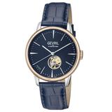 Gv2 Gevril Mens Mulberry Swiss Automatic Open Heart Silver Dial Calfskin Leather Watch - Blue - One Size