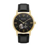 Men's Bulova American Clipper Automatic Gold-Tone Strap Watch with Black Skeleton Dial (Model: 97A154)