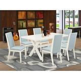 East West Furniture 6 - Person Solid Wood Dining Set Wood/Upholstered Chairs in Blue/Brown/White | Wayfair X026LA015-7
