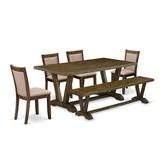 Rosalind Wheeler 6-PC Dining Table Set- A Table w/ Kitchen Bench & 4 Linen Fabric Dining Chairs w/ Stylish Back Wood/Upholstered Chairs in Brown