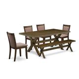 Rosalind Wheeler 6-PC Dining Table Set- A Table w/ Kitchen Bench & 4 Linen Fabric Dining Chairs w/ Stylish Back Wood/Upholstered Chairs in Brown