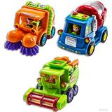 WolVolk Friction Powered Car Toy Includes Street Sweeper Harvester Cement Mixer Truck for Toddlers Kids