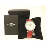 Coach Ruby Red Leather Strap Watch Classic Logo Case White Silver Auto