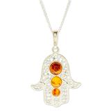 Hamsa of Courage,'925 Sterling Silver Amber Hamsa Pendant Necklace from Mexico'