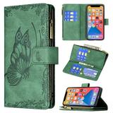 Allytech iPhone 13 Pro Max Case Wallet Pretty Butterfly Embossed PU Leather Shockproof Drop Protection Kickstand Cards Holder Cash Pocket Zipper Wallet Case for Apple iPhone 13 Pro Max Green