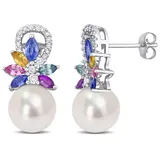 Belk & Co 9-9.5Mm White Freshwater Cultured Pearl, 1.7 Ct. T.g.w. Multi-Color Sapphire And 1/8 Ct. T.w. Diamond Stud Earrings In 14K White Gold